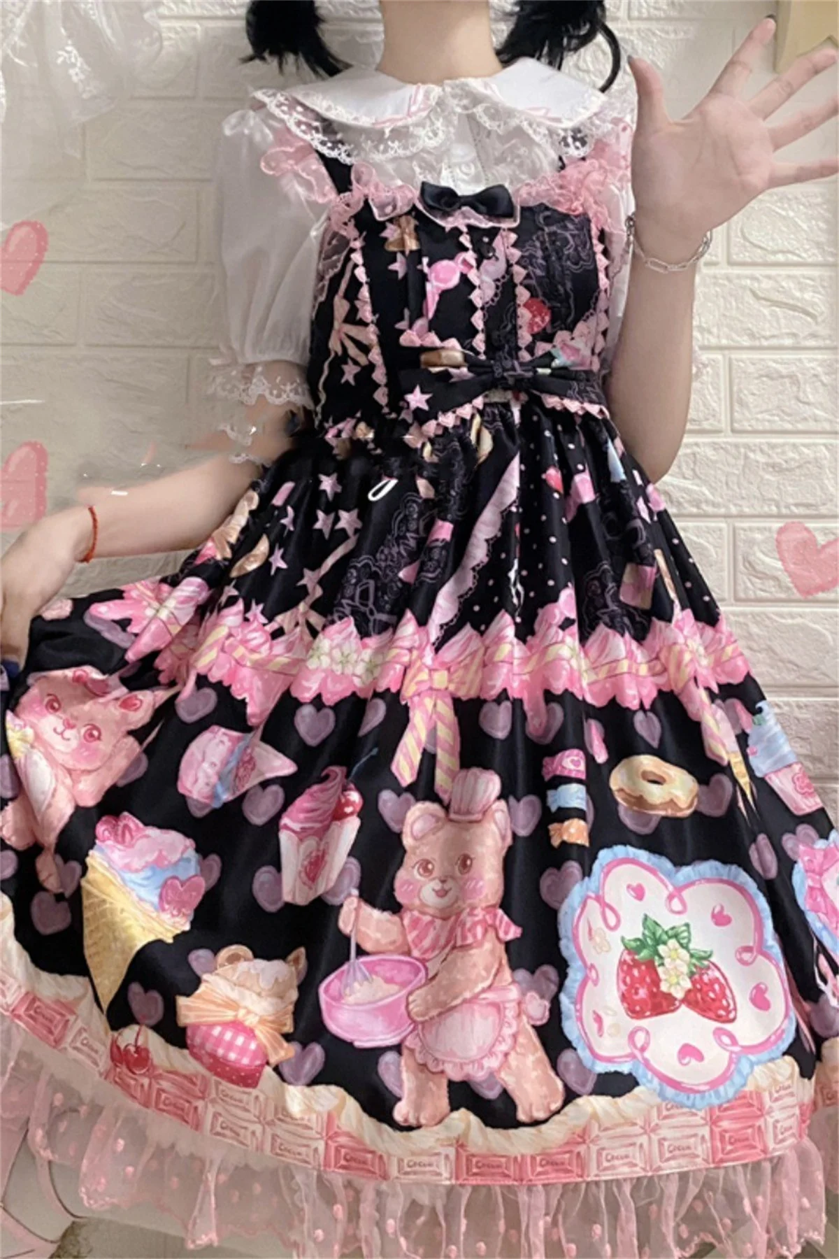 Japanese Sweet Style Kawaii Loli Lolita Jsk Girls Cosplay Cute Printing Bear Strawberries Ice Cream Dot Lace Ruffle Dress