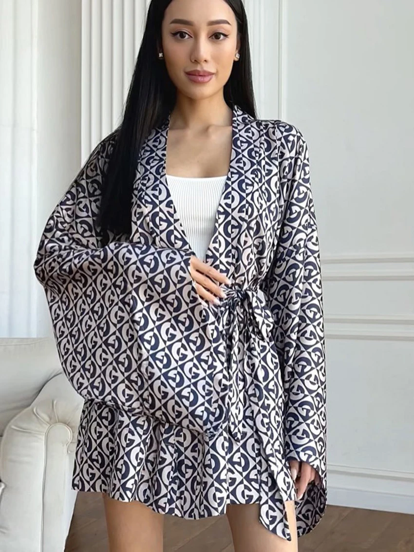 Marthaqiqi Printing Women Sleepwear Set Sexy V-Neck Nightwear Long Sleeve Robe Lace Up Pajamas Shorts New Femme Nightgowns Suits