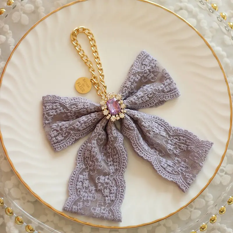 Japanese Cute Girls Pearl Rhinestone Gem Bow Bag Charms Handmade Dream Plaid Lace Handbag Pendant Sweet Bag Accessories