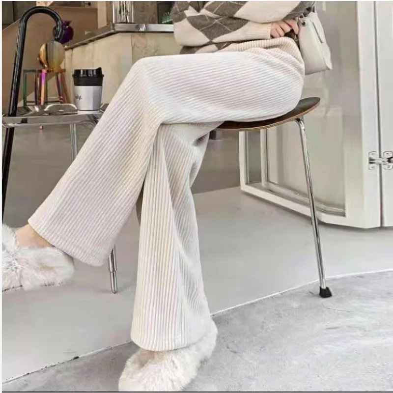 Y2k Casual Women Long Fleece Inside Pants Autumn Winter High Waist Wide Leg Pants Thicken Female Straight Long Pants Trousers