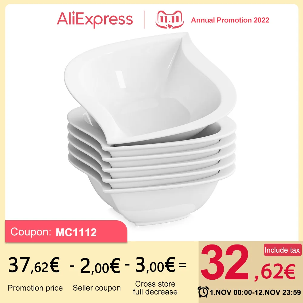 MALACASA Elvira 6-Piece White Porcelain China Ceramic Cereal Bowls Soup Fruit Salad Bowls (13.5*13.5*5cm)