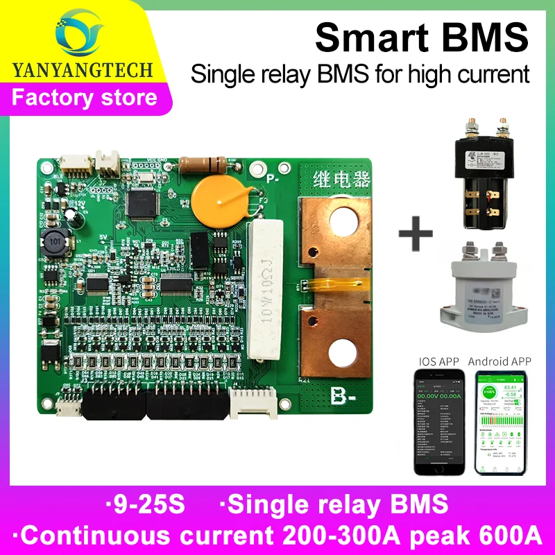 

Smart BMS 9-25S High Current and Voltage Peak 600A Single Relay Bms with Bluetooth RS485 CAN for Forklift Yachts Energy Storage