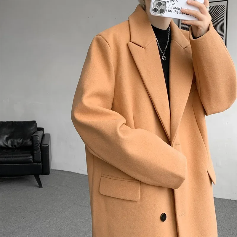 Autumn and Winter Woolen Trench Coat Over The Knee Men Loose