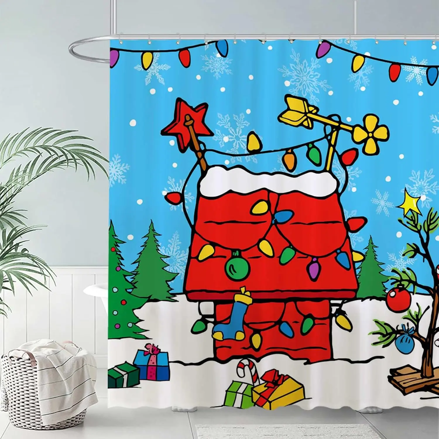 Cartoon Christmas Shower Curtain for Kids Bathroom Set Comic Book Xmas