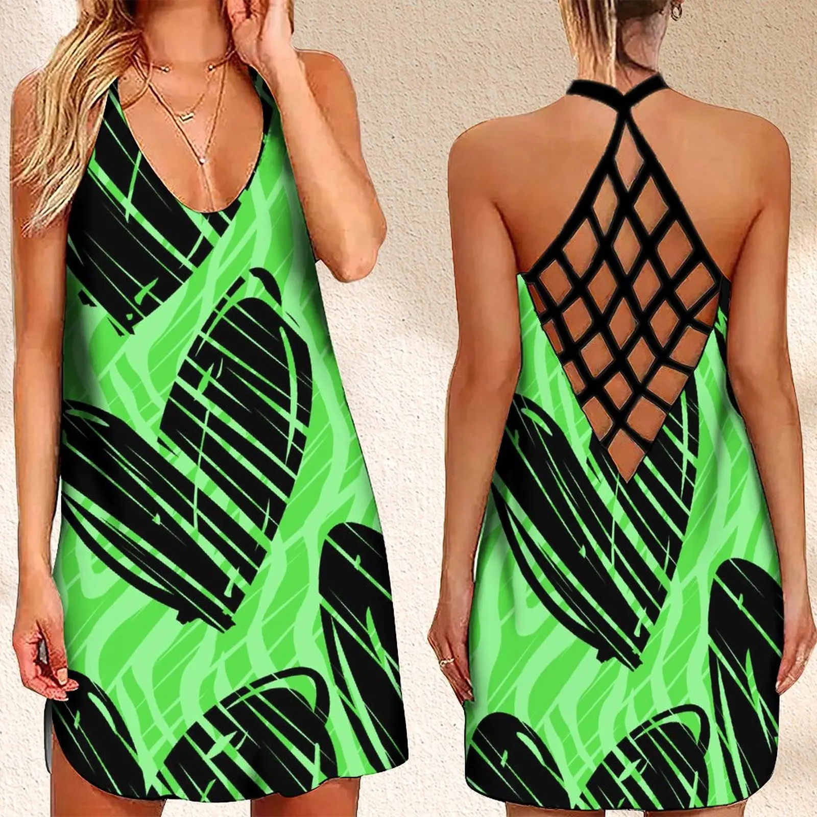

Summer Women's Criss Cross Backless Sleeveless Dress HolidayParty Dresses Graffiti HeartPrint Summer Dress