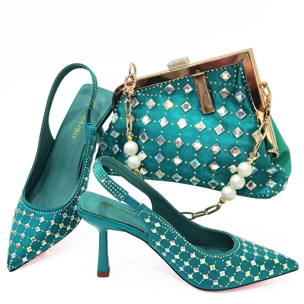 

doershow Italian GREEN Shoes And Bag Sets For Evening Party With Stones Italian Leather Handbags Match Bags! SJK1-1