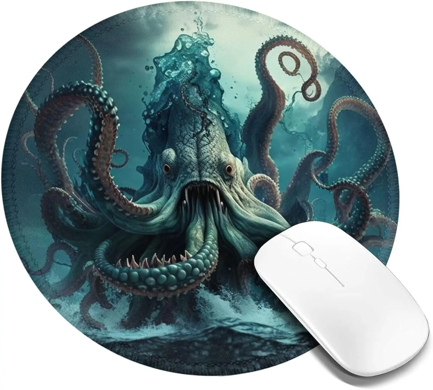 Tapis de souris rond Monster avec bord cousu, caoutchouc antidérapant,  Octopus Kraken, Monster Ocean Art, Gaming Moudescriptif, Fit Office Work