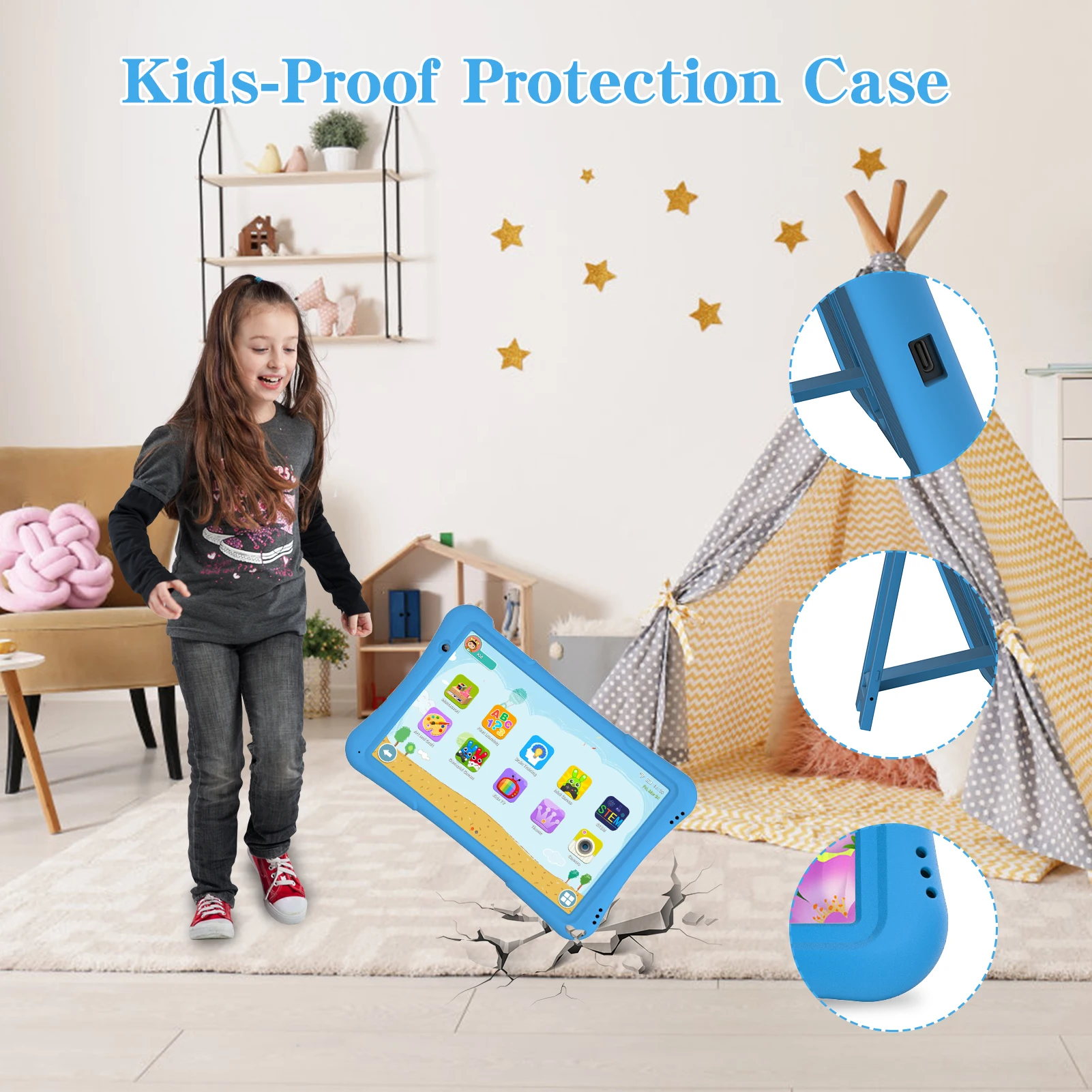 PRITOM 10 inch kids tablet Android 12, 4GB(2+2)+32GB, Quad Core, 6000 mAh, WiFi 6, Dual Camera, Bluetooth, Toddler Tablet 6