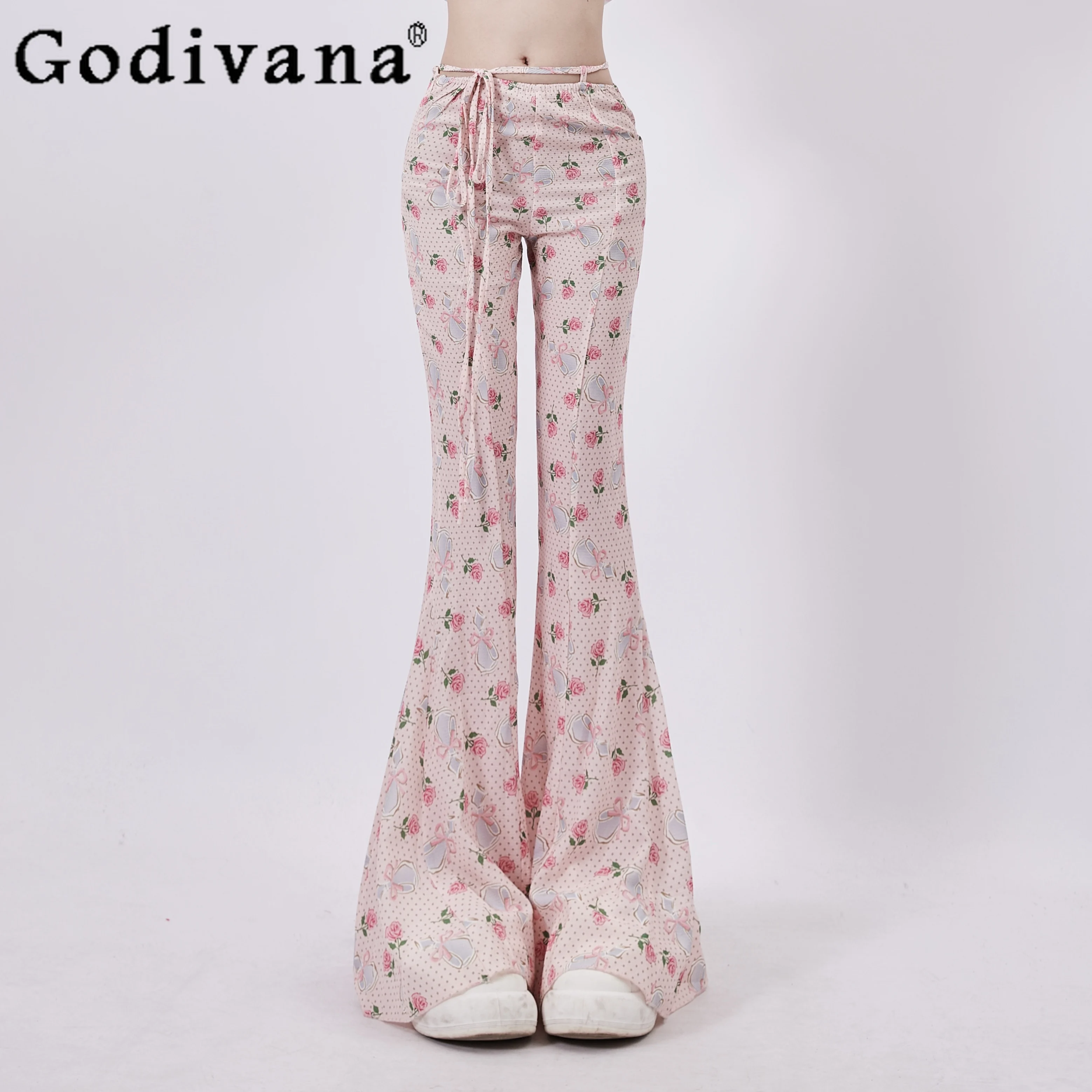 Korean Fashion Girly Sweet Y2k Casual Pants 2024 Summer New Printed Hollow Slim-Fit Sexy Elegant Flare Pants Women Trousers