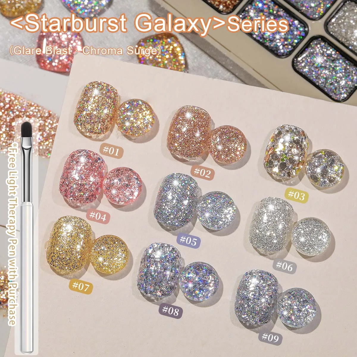 Starburst Galaxy Series Glitter Gel Nail Polish - 9 Vibrant Colors, UV LED Compatible, Semi-Permanent Soak Off