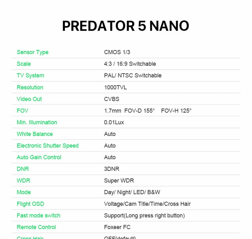 FOXEER-Predator V5 Nano Câmera Comutável para RC