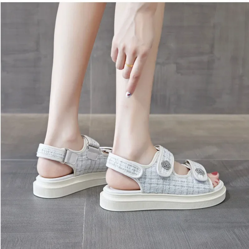 Women Sandals BeauToday Platform Sandals Lattice Round Toe Hook Loop Plaid Cloth Summer Casual Ladies Outdoor Handmade 38161