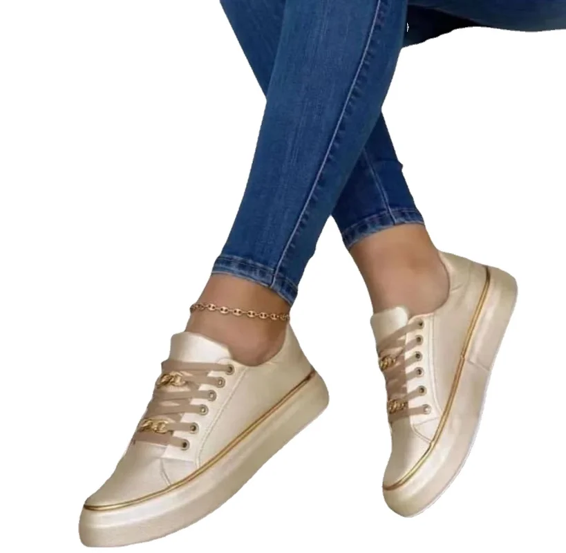 Shoes for Women 2023 Zapatillas Information Thick Soled Chain Athletic Style Low Top Single Leather Front Lace Up Footboard Shoe