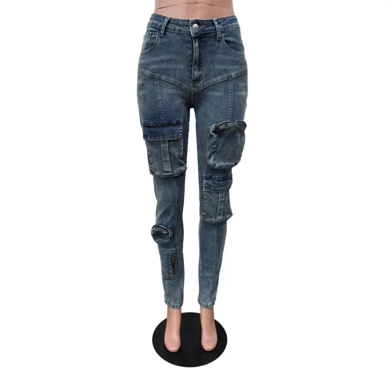 Women Skinny Cargo Jeans Pants Autumn Winter High Waist Button Zipper Casual Bodycon All Match Y2k Trousers Hipster Streetwear
