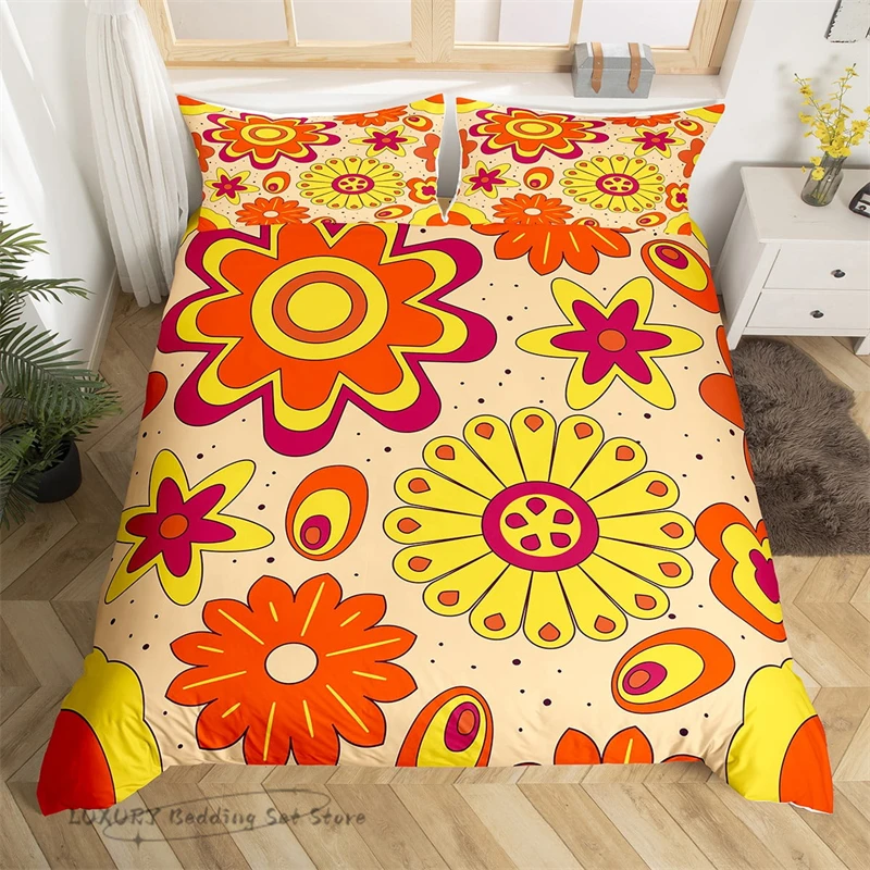 

Duvet Cover Girls Hippie Aesthetic Retro Floral Geometric Garden Flowers Bedding Set for Kids and Adults Single Double King