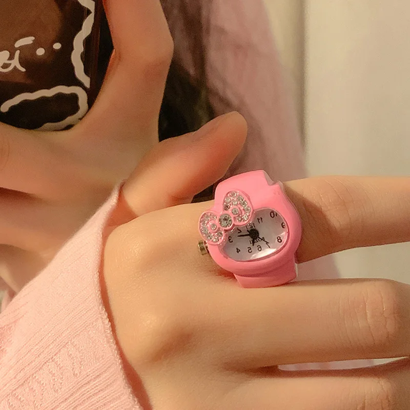 Kawaii Sanrio Hello Kitty Watch Ring Cute Kt Cat Bow Rhinestone Clock Ring Watches Girls jewelry Kids Toys Gifts