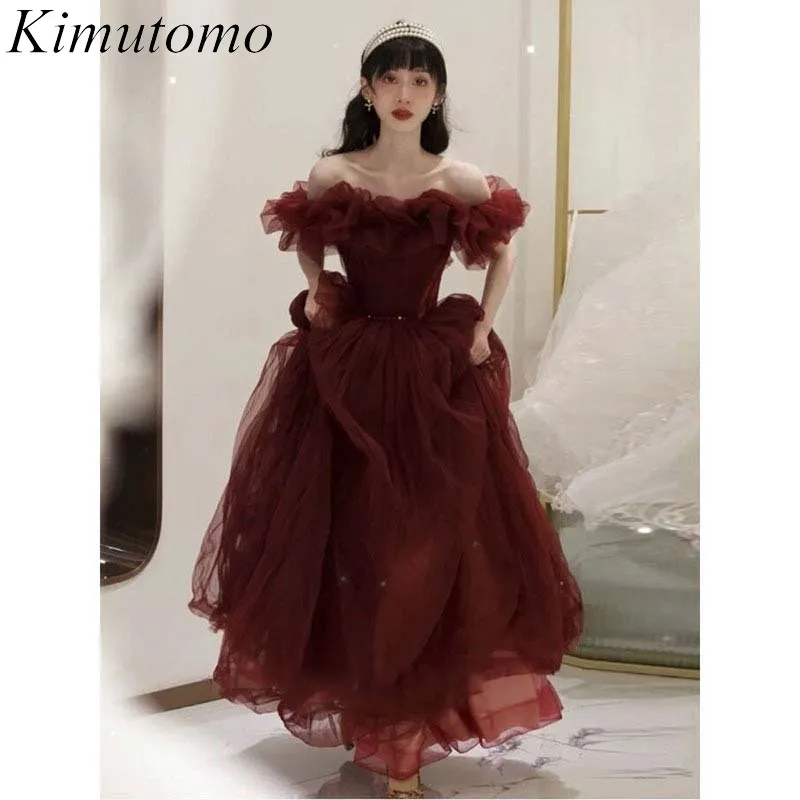 

Kimutomo Wine Red Mesh Ruffles Evening Dress Boat Neck Gentle Wind Vintage Romantic Party Dresses Celebrity Style Sweet Vestidos