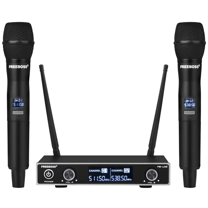 

Freeboss FB-U35 Dual Way UHF Fixed Frequency Karaoke Party Church Wireless Microphone System with 2 Handheld Microphone