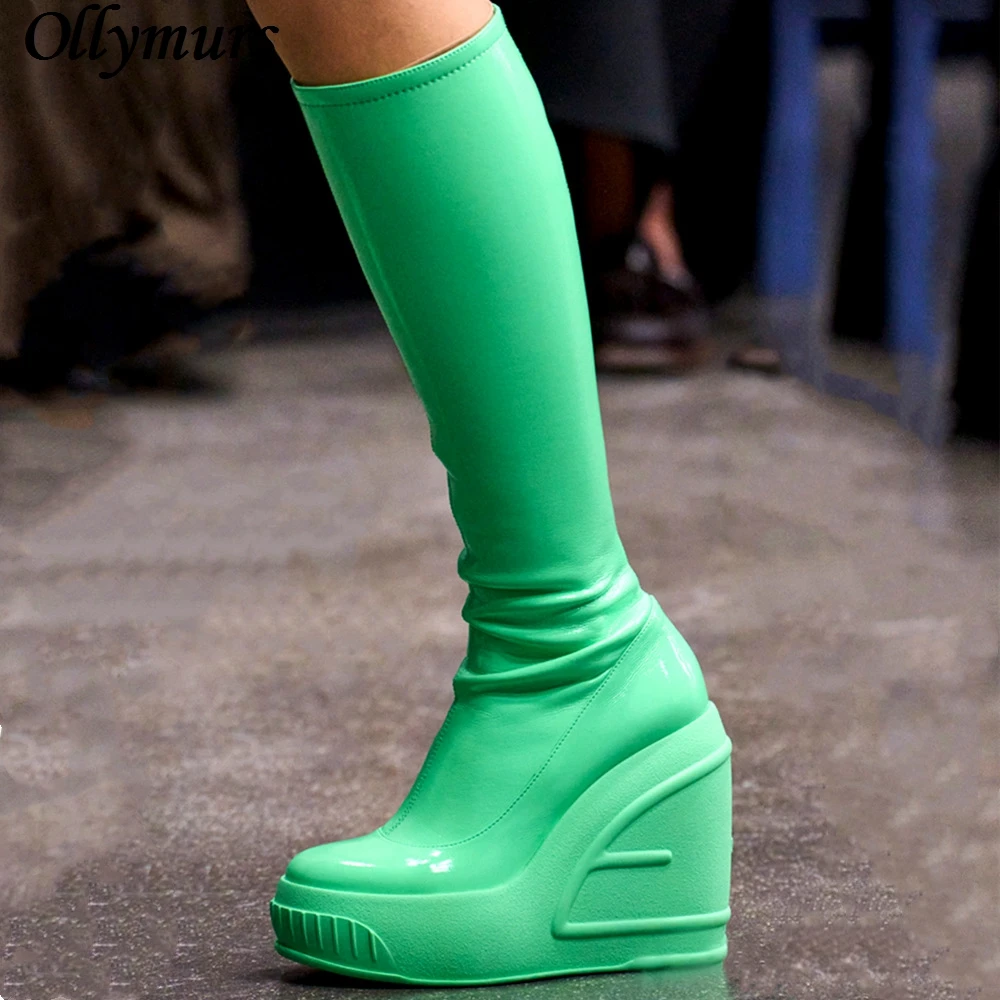 

2023 spring new wedge heel thick bottom round toe high heel fashion sexy ladies plus size knee high boots shoes women