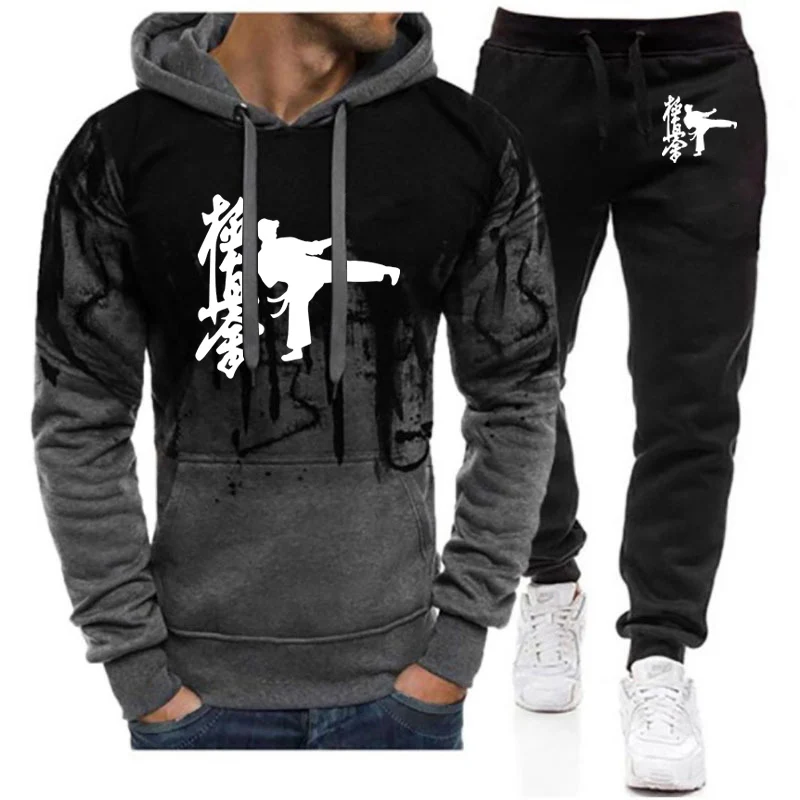 

Men's Kyokushin Karate New Spring Autumn Pullover Hooded Hoodie + Casual Printing Sweatpant Leisure Gradient Color Suit