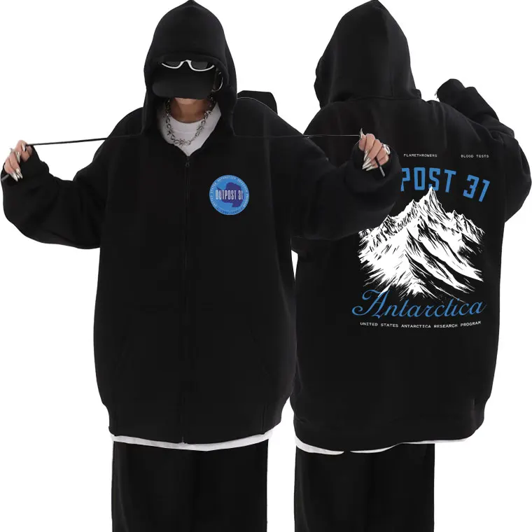 

Outpost 31 Logo 80s Movies Zipper Hoodies Movie The Thing 1982 Monster Horror Sci-fi Film Zip Up Jacket Men Oversized Hoodies