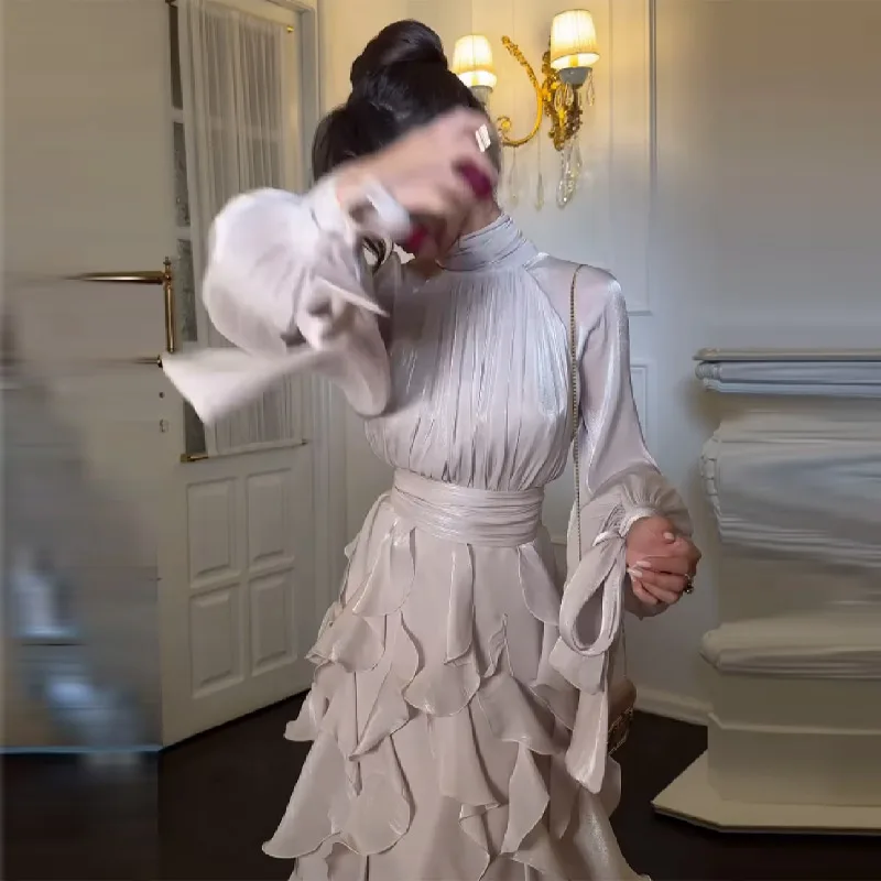 Elegant Fairy Dress Irregular Slim Fit Strap Temperament Long Sleeved Waist Cinching Evening Gown Chic Designed Women's Dress 3