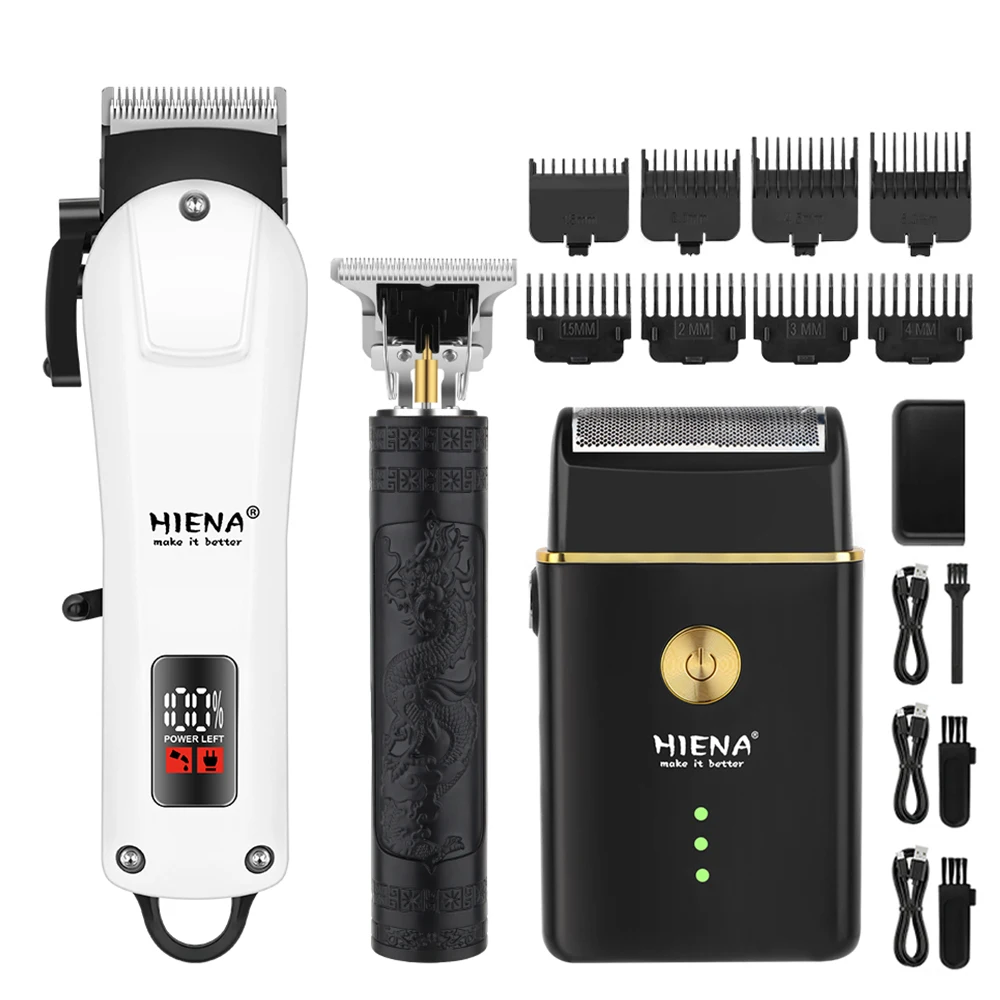 Kit de Barbería Profesional HIENA, Cortadora de Cabello Eléctrica, Afeitadora de Barba, Recortadora de Precisión, Inalámbrica, Recargable, con Cuchillas de Titanio para el Hogar