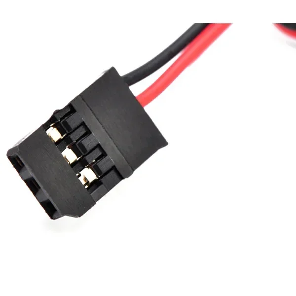 Détail du connecteur du câble d'extension servo type Y 15cm pour RC, avec ergot de verrouillage et fils rouges, noirs et blancs.