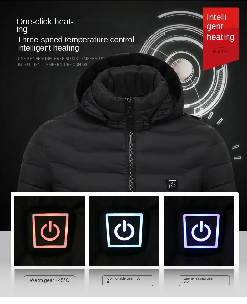 19 zones  heating  coat intelligent heating clothing winter stand collar hood light and thin heat men's electric heating