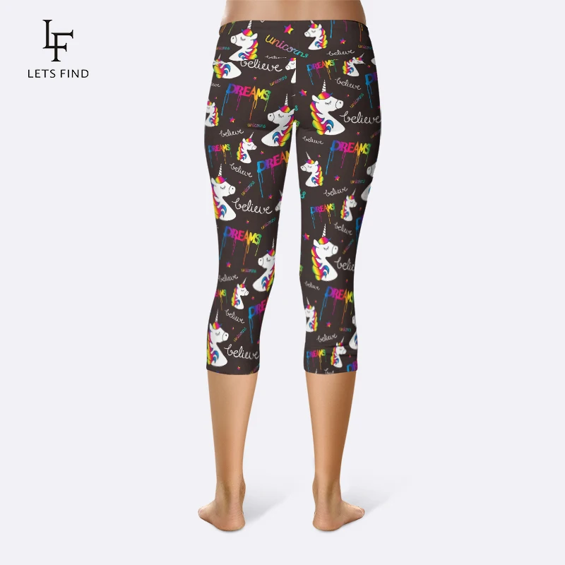 LETSFIND Fashion Cartoon Unicorn Printing Women Fitness Capri Leggings High Waist  Elastic Slim Mid-Calf Leggings