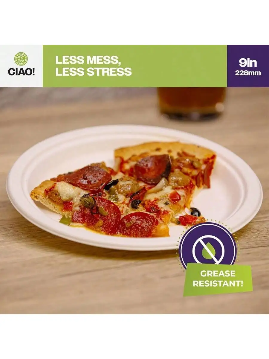 CIAO! 9" Heavy Duty Plate Compostable PFAS Free Unbleached Bagasse Natural White Pack of 500