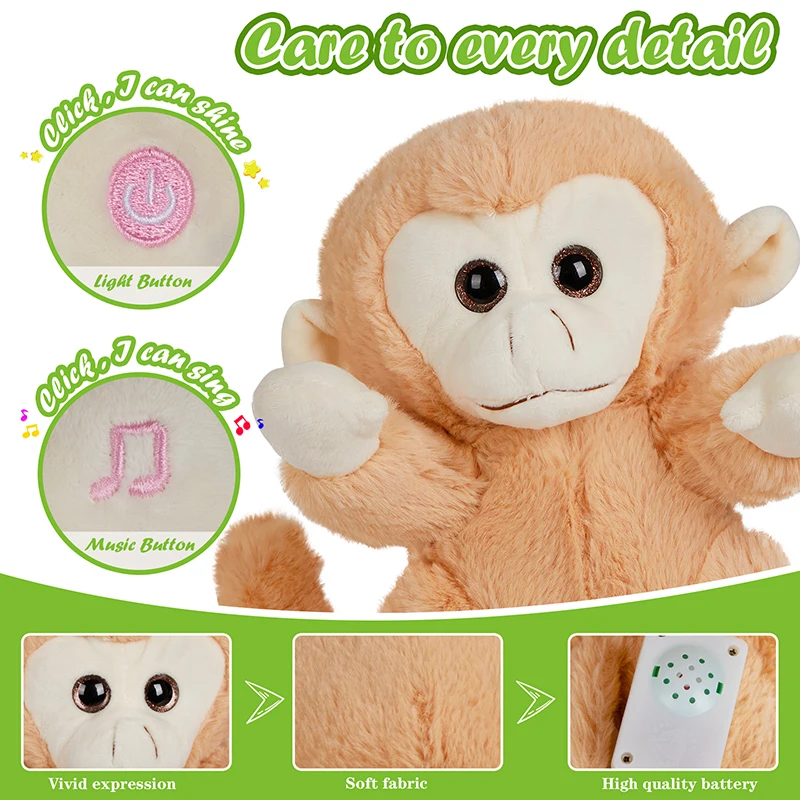 35cm Monkey Musical Plush Toys Animals Throw Pillows with LED Light Luminous Knitted Boy Baby Doll Birthday Gift for Girls plush toy