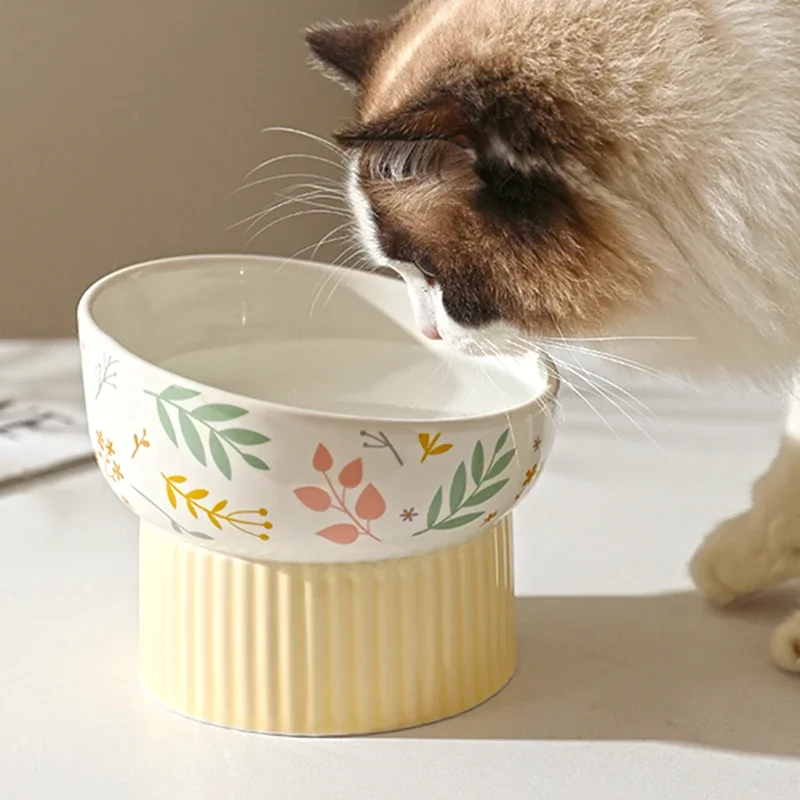 Cat Bowl Ceramic High Foot Drinking Cat Eating Protection Cervical Vertebra Pet Large Diameter
