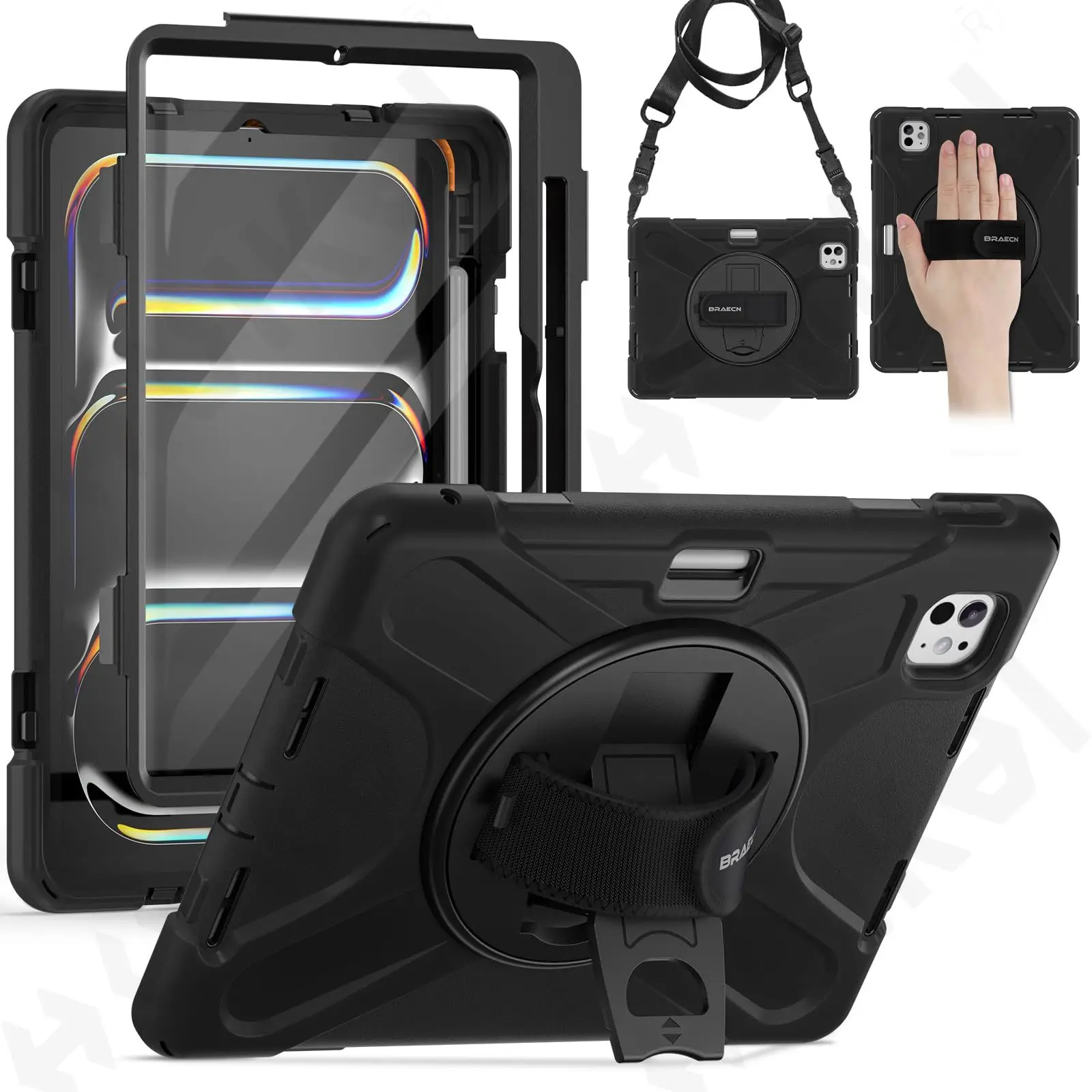 Heavy Duty Rotating Shockproof Tablet Case with Stand and Hand/Shoulder Strap - Black