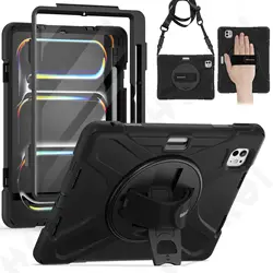 Heavy Duty Rotating Shockproof Tablet Case with Stand and Hand/Shoulder Strap - Black for iPad 11th  2025 (Black)