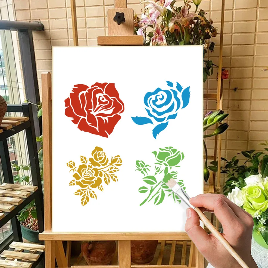 Rose Flower Stencil Set - PET Reusable Painting Templates for DIY Decor (4pcs) 6