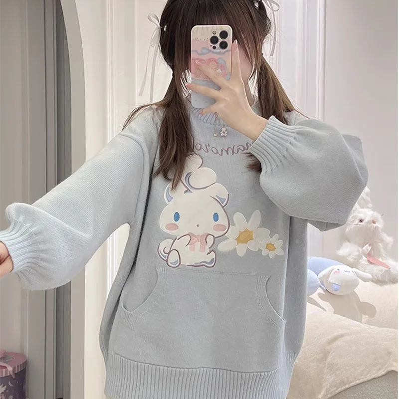 

Новинка осенне-зимний Универсальный свитер Kawaii Sanrio Cinnamoroll с длинным рукавом для девочек милый студенческий мультяшный милый трикотажный топ с круглым вырезом