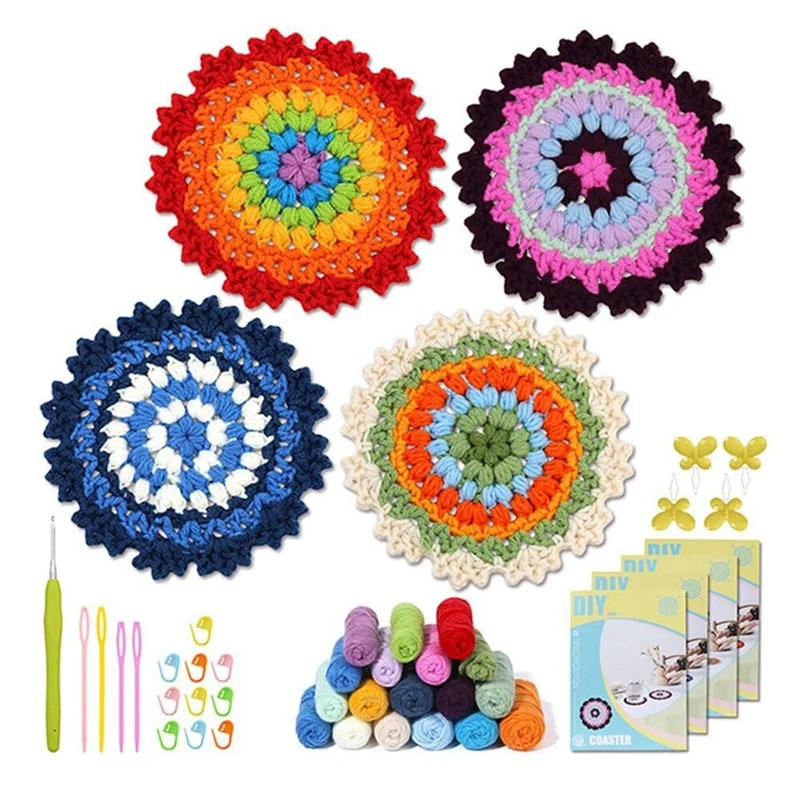 

4PCS Knitting Coaster,Yarn Crochet Material Kit Crochet Woven Flower Coaster Desktop Knitting Handmade For Tea Cups Easy Install