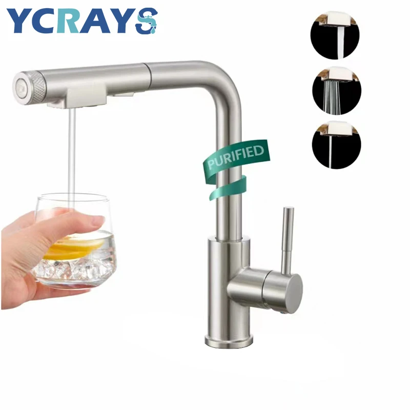 

YCRAYS Brushed Nickel Filter Pull Out Kitchen Sink Faucet Drinking Water Pure Tap Gray Deck Mounted 3 Mode Black Hot Cold Mixer