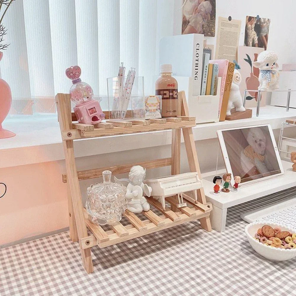Wooden Desktop Storage Rack Simple Multi Functional Folding Corner Shelf Double Layer Trapezoidal Stationery Shelf for Dormitory