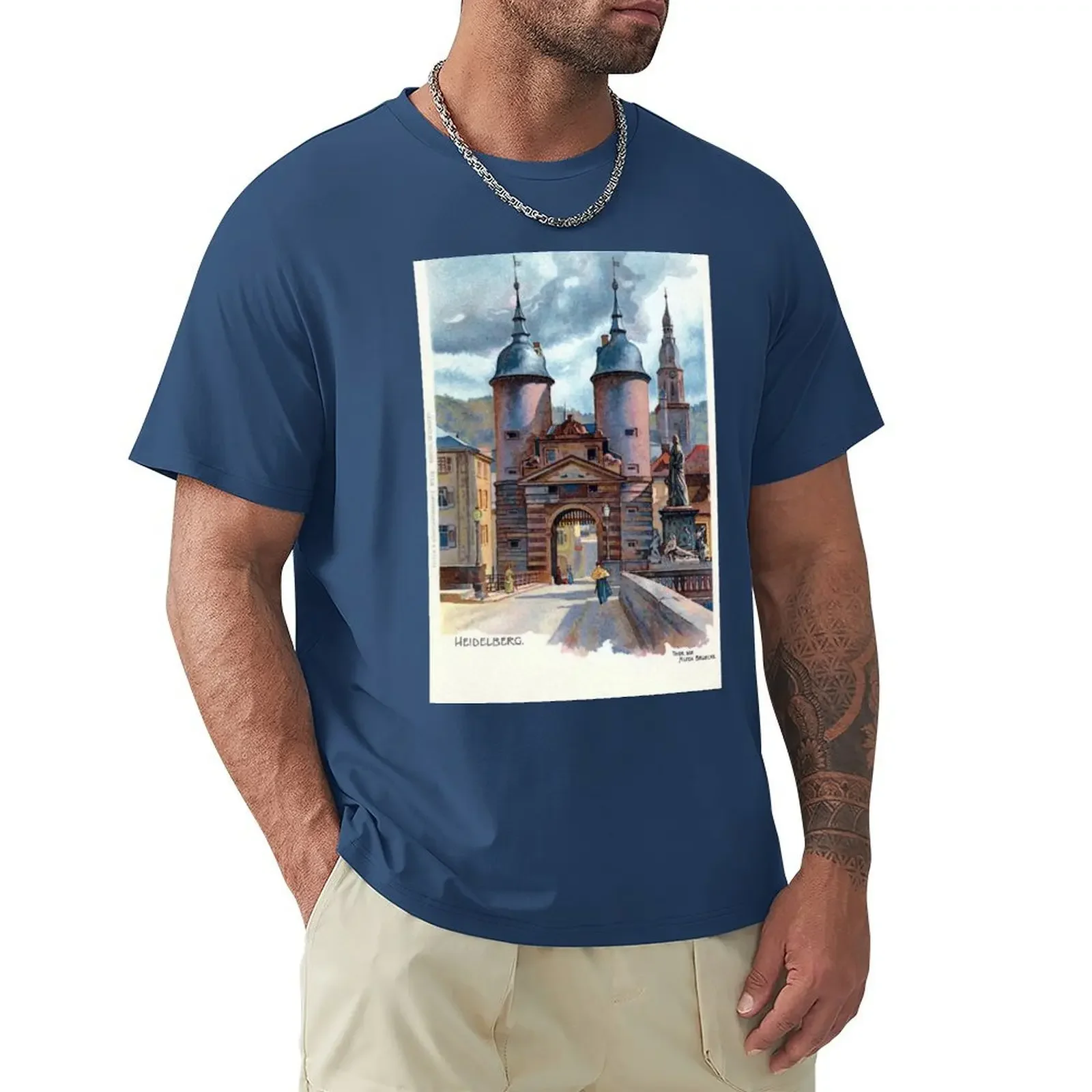 Vintage Litho Heidelberg Old Bridge Gate T-Shirt Plus Size Top Anime Mens T-Shirt Casual Elegante