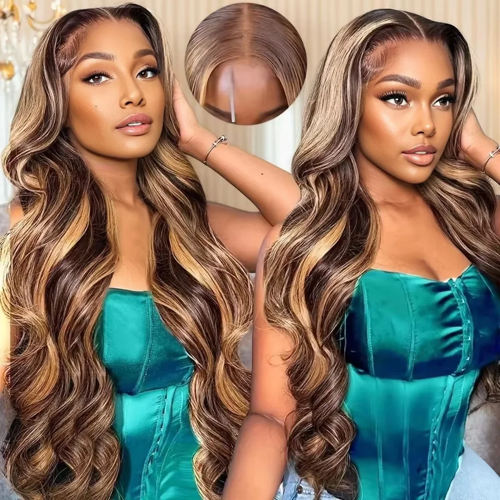 Highlight Ombre Body Wave Lace Front Wig Human Hair 13x4 13X6 4/27 Honey Blonde Lace Frontal Wigs Pre Plucked 200 Density 2