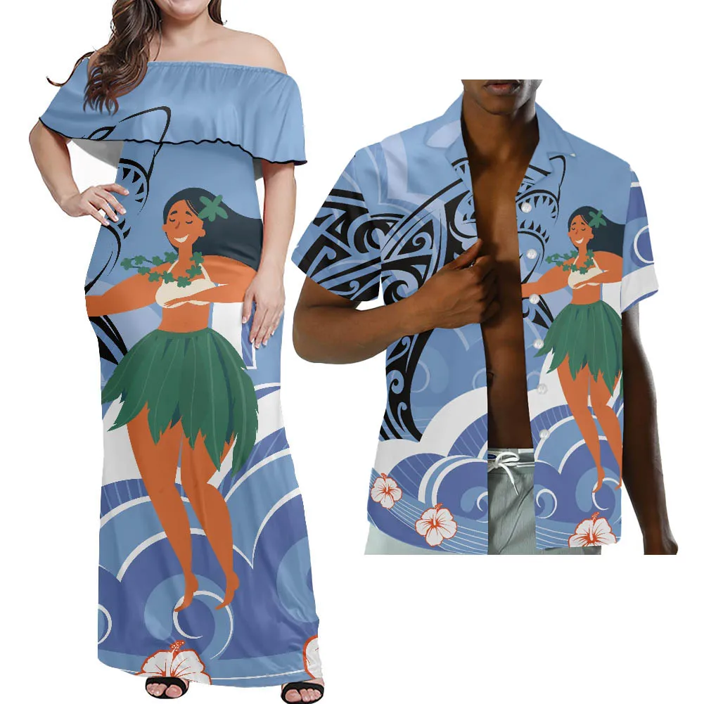 

HYCOOL Blue Summer Polynesian Off Shoulder Dress Women Stylish Elegant Hawaii Tribal Print Wedding Guest Party Couple Outfits