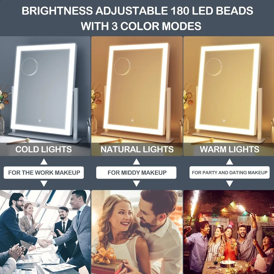 Lighted Makeup Mirror Hollywood Vanity Mirror with Lights Three Color Modes Detachable 10X Magnification Mirror Smart Touch Con