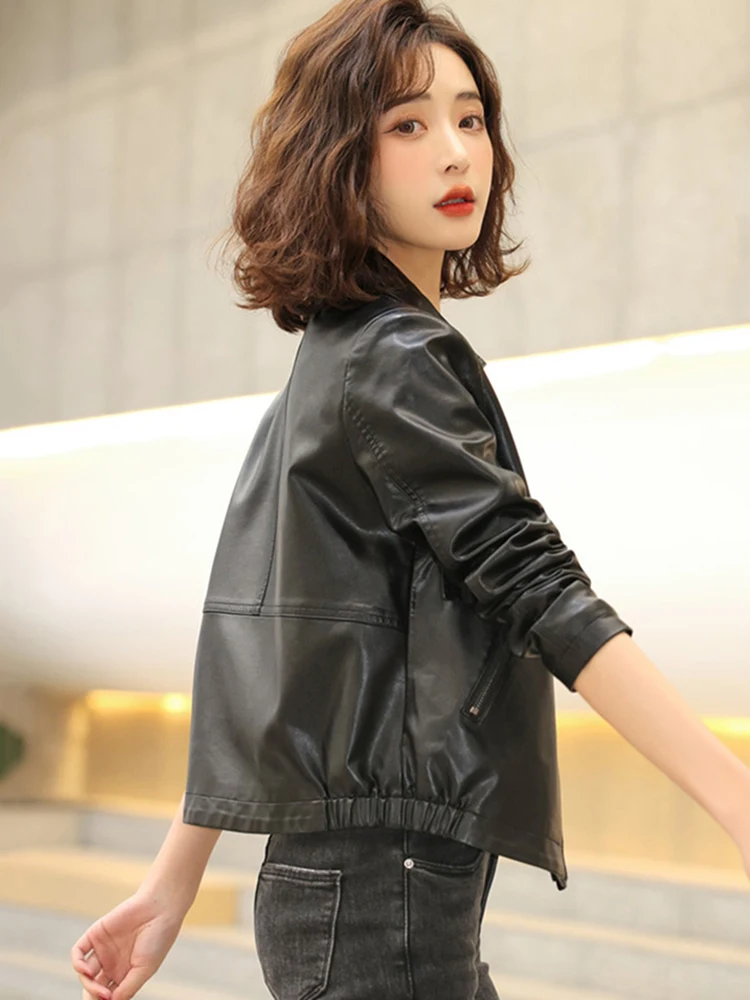 New Women Casual Leather Jacket Spring Autumn Fashion Suit Collar Sheepskin Short Coat Split Leather Loose Small Outerwear