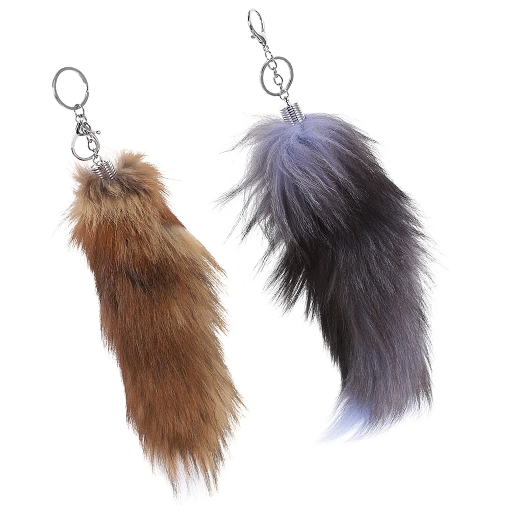 

2 Pcs Tail Keychain Hanging Decor Bag Charm Pompom Decorative Metal Chains Women for Car Keys