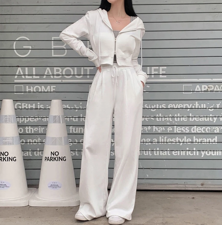 Korean Fashion Streetwear 2-piece Pants Set Women Tracksuit Autumn New Hooded Zip-up Crop Top Long Pants Casual Solid Outfits