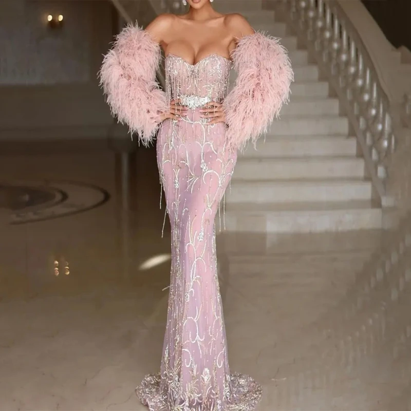 

Pink Luxury Mermaid Evening Dresses Gowns Off the Shoulder 2023 Elegant Feathers Beading Sexy For Women Party