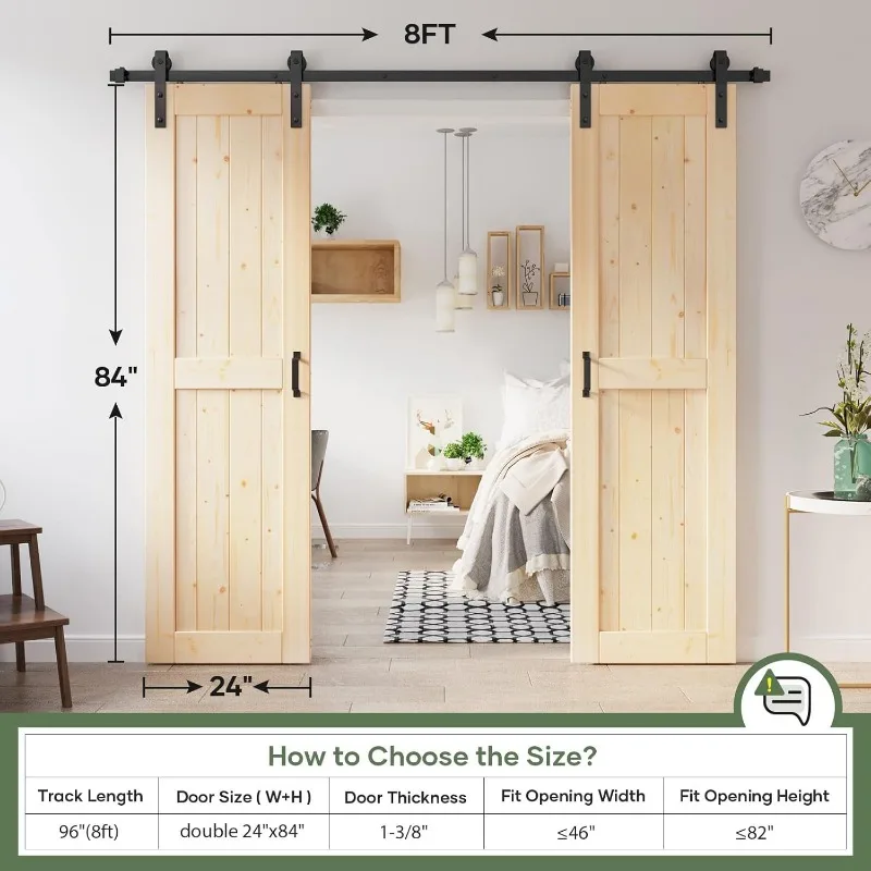 Double 24×84" Doors Sliding Barn Wood Door Panels with 8ft Hardware Kit Easy DIY Assembly Required Perfect for Warehouse 6