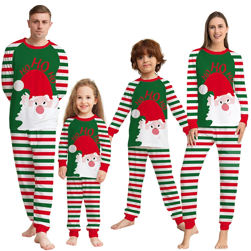 Conjunto de pijama de algodón con camiseta y pantalón a rayas con estampado de Papá Noel, pijamas navideños a juego para toda la familia, ropa de estar por casa para mamá y niños
